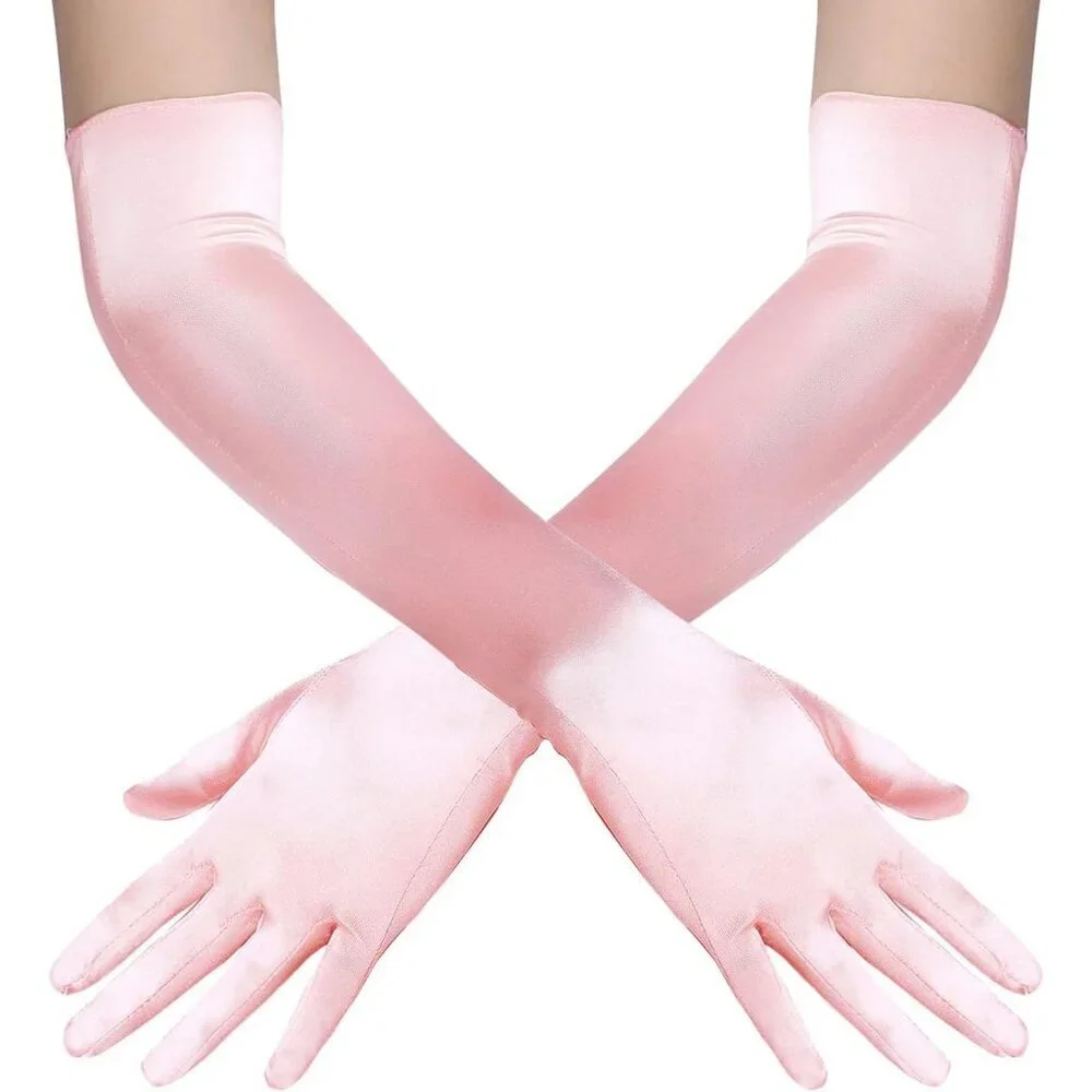 Women's Pink Vintage Satin Long Gloves Party Costume Stretchy Elbow Length